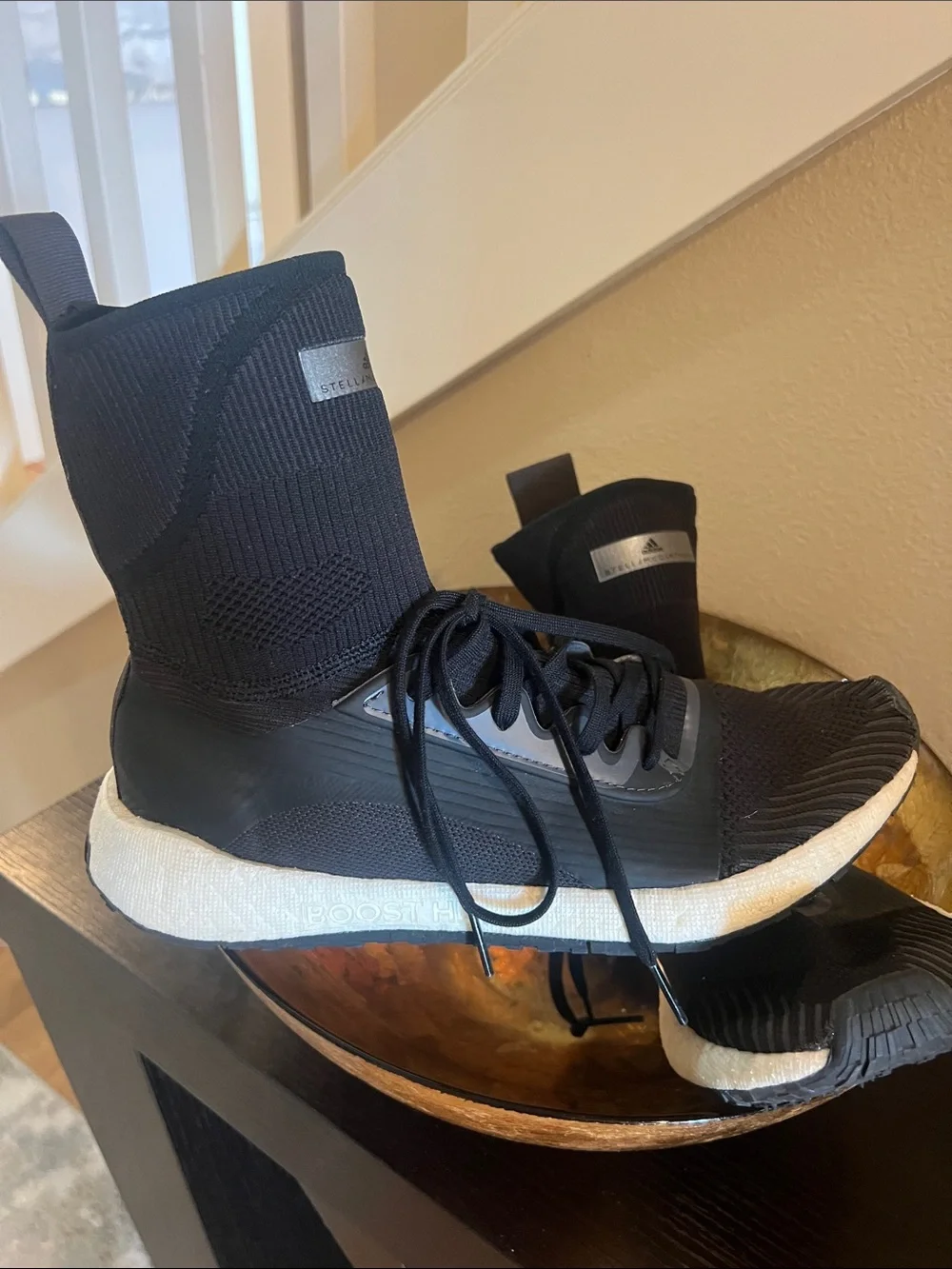 Adidas by Stella McCartney Black Sock-Style Athletic Sneakers with White Midsole